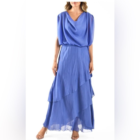 Komarov Charmeuse & Chiffon Blouson Gown Blue Pleated Tiered Maxi Dress M $488